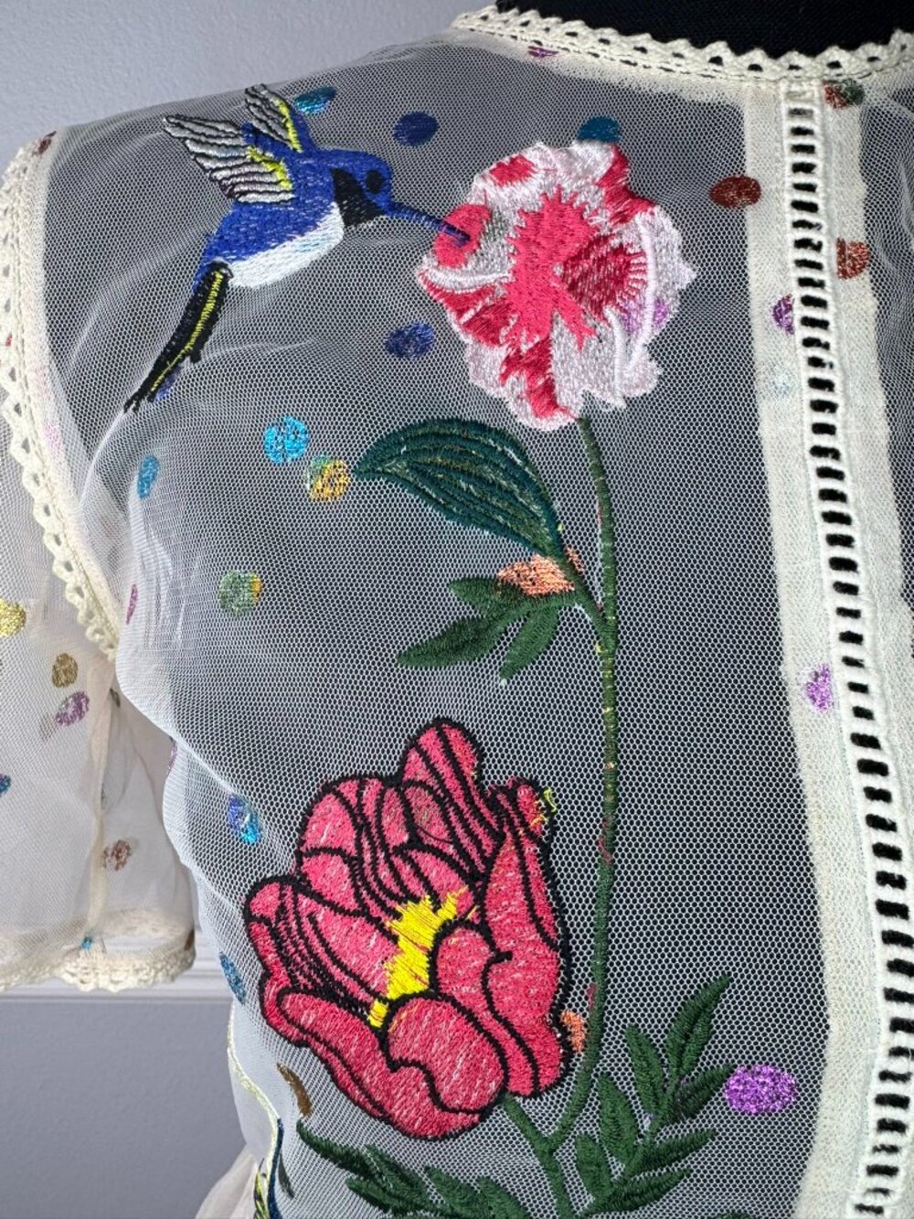 Frock & Frill Sx 4 Floral Bird Embroidered Maxi Dress Allover Rainbow Polka Dot - Picture 8 of 9